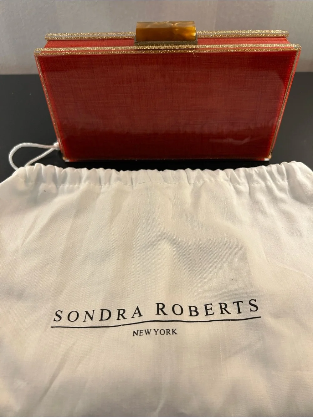 Sondra Roberts Red/Orange Evening Box Clutch with Gold Trim